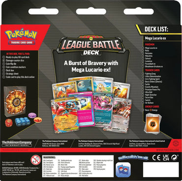 Complete contents of the Mega Lucario ex League Battle Deck including damage-counter dice, coin-flip die, and deck box.
Back view of the Mega Lucario ex League Battle Deck showing official Pokémon TCG features and strategy details.