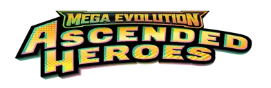 Logo for 'Mega Evolution Ascended Heroes' with colorful text on a white background