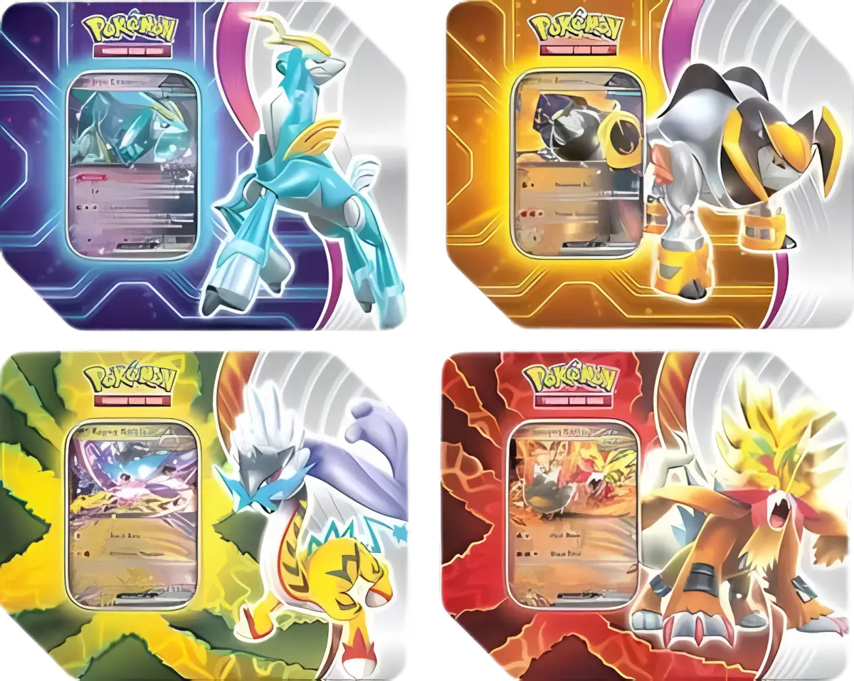 Complete set of 4 Pokémon TCG Scarlet and Violet Paradox Destinies Tins featuring Raging Bolt ex, Gouging Fire ex, Iron Boulder ex, and Iron Crown ex — available at FineToys.ca