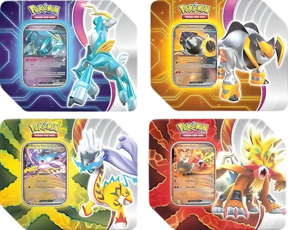 Complete set of 4 Pokémon TCG Scarlet and Violet Paradox Destinies Tins featuring Raging Bolt ex, Gouging Fire ex, Iron Boulder ex, and Iron Crown ex — available at FineToys.ca