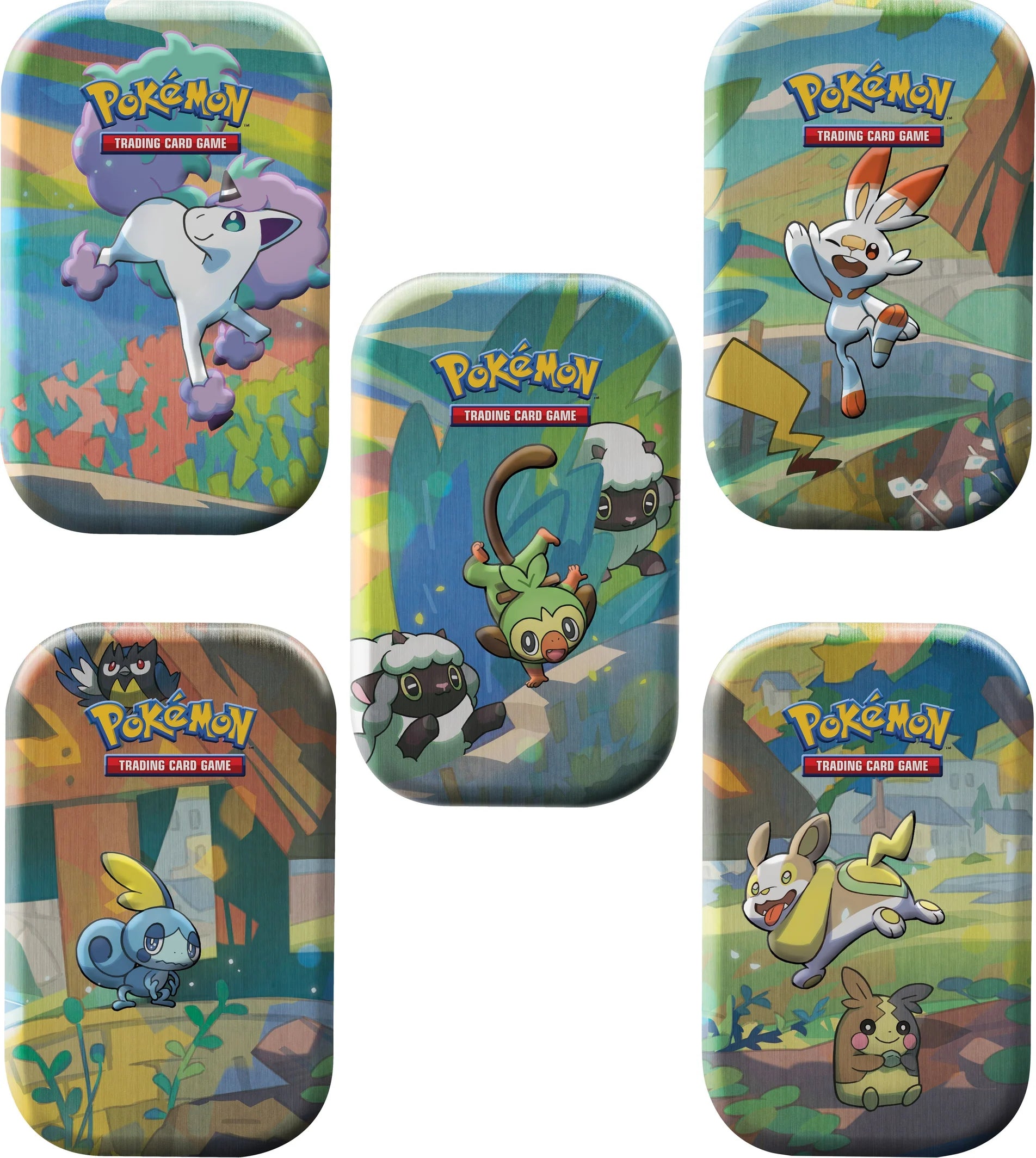 All available Pokémon TCG Galar Pals Mini Tin designs featuring Wooloo, Yamper, Grookey, Scorbunny, Sobble, and Cramorant — random selection available at FineToys.ca