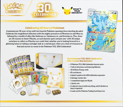 Full contents of the 30th Celebration ETB including 65 sleeves, damage dice, coin-flip die, and collector box with dividers.