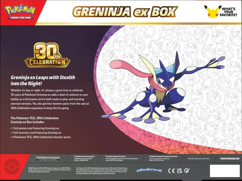 Full contents of the 30th Celebration Greninja ex box including exclusive promo and multiple anniversary booster packs.