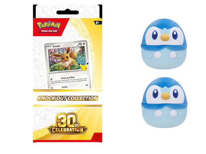 Pokémon 30th Anniversary Celebration Bundle featuring 30th Knock Out Collection with Eevee promo, 10-inch Piplup Squishmallows plushes — available at FineToys.ca.