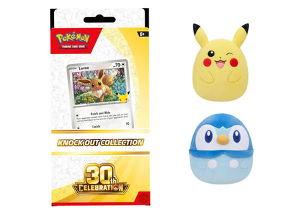 Pokémon 30th Anniversary Celebration Bundle featuring 30th Knock Out Collection with Eevee promo, 10-inch Piplup Squishmallows, and Pikachu plush — available at FineToys.ca.