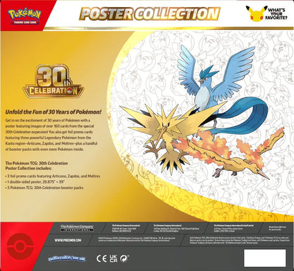 Three exclusive foil promo cards featuring Kanto Legendary Bird Trio Articuno, Zapdos, and Moltres from the 30th Celebration Poster Collection.