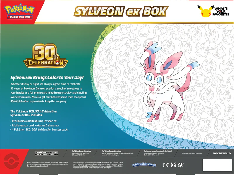 Pokémon Trading Card Game Sylveon ex Box 30th Celebration promotional card package back, featuring Sylveon artwork, event text, and Pokémon branding on a white background.