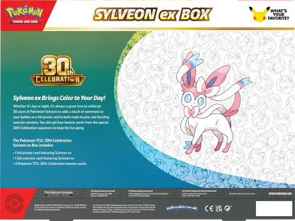 Pokémon Trading Card Game Sylveon ex Box 30th Celebration promotional card package back, featuring Sylveon artwork, event text, and Pokémon branding on a white background.