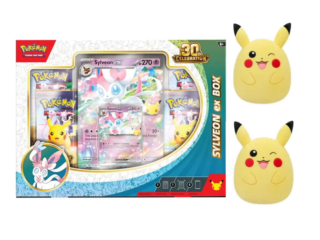 Premium Pokémon 30th Anniversary Bundle featuring Sylveon ex TCG box, 10-inch Squishmallows Pikachu plushes.