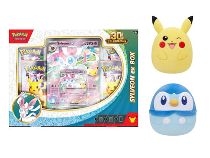 Premium Pokémon 30th Anniversary Bundle featuring Sylveon ex TCG box, 10-inch Piplup Squishmallows, and Pikachu plush.