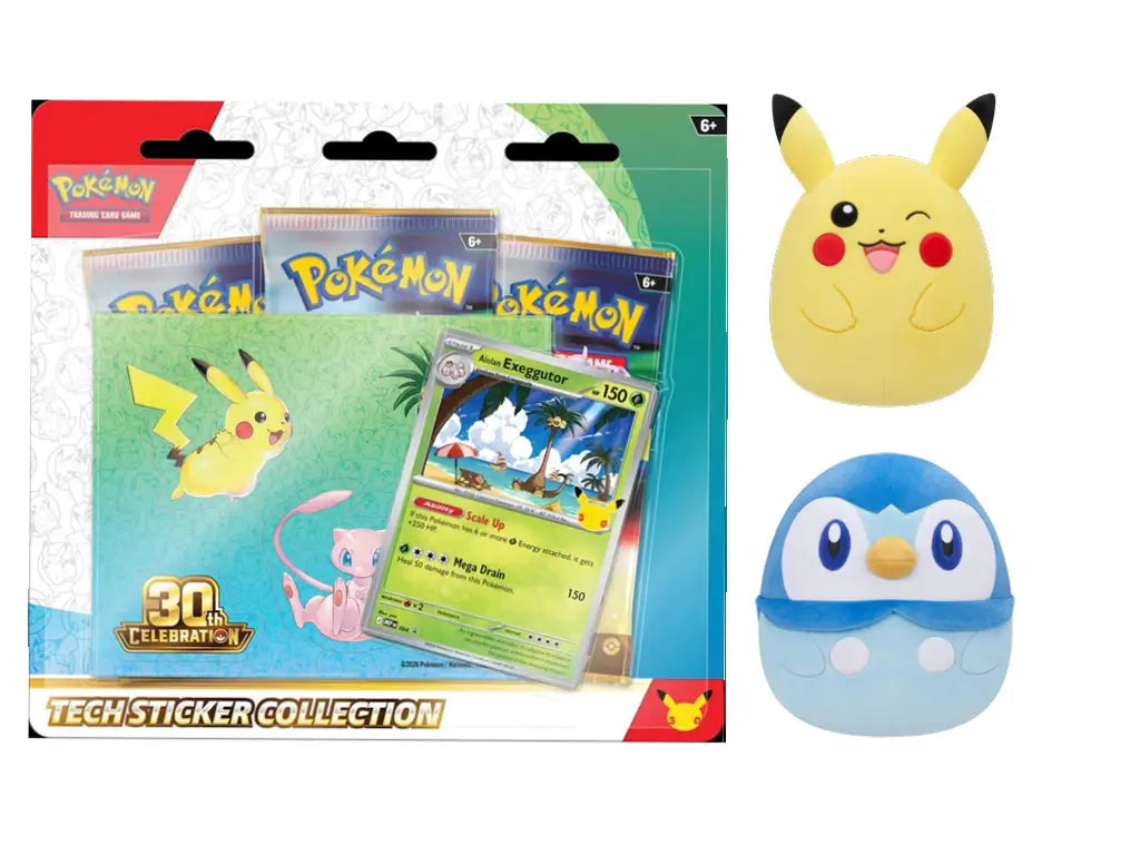 Pokémon 30th Anniversary Fan Bundle Alolan Exeggutor Edition featuring Tech Sticker Collection, 10-inch Piplup Squishmallows, and Pikachu plush — available at FineToys.ca.