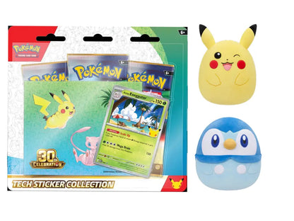 Pokémon 30th Anniversary Fan Bundle Alolan Exeggutor Edition featuring Tech Sticker Collection, 10-inch Piplup Squishmallows, and Pikachu plush — available at FineToys.ca.