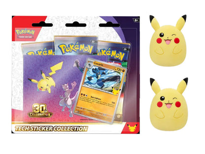 Pokémon 30th Anniversary Fan Bundle Lucario Edition featuring Tech Sticker Collection, 10-inch  Squishmallows Pikachu plushes — available at FineToys.ca.