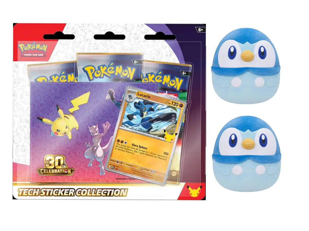 Pokémon 30th Anniversary Fan Bundle Lucario Edition featuring Tech Sticker Collection, 10-inch Piplup Squishmallows plushes— available at FineToys.ca.