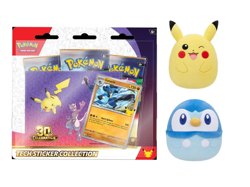 Pokémon 30th Anniversary Fan Bundle Lucario Edition featuring Tech Sticker Collection, 10-inch Piplup Squishmallows, and Pikachu plush — available at FineToys.ca.