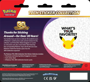 Exclusive foil promo card featuring Lucario from the Pokémon TCG 30th Celebration Tech Sticker Collection.
