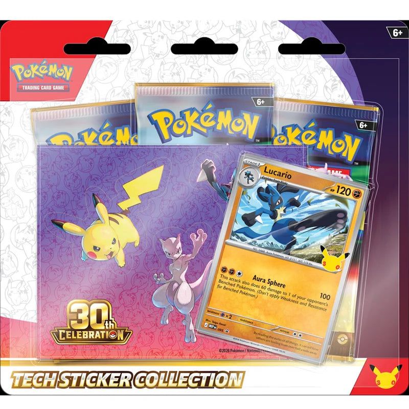 Pokémon TCG 30th Celebration Tech Sticker Collection Lucario factory sealed featuring foil promo card, tech sticker sheet, and 3 booster packs — available at FineToys.ca.