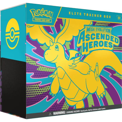 Sealed box image of the Pokémon TCG: Mega Evolution—Ascended Heroes Elite Trainer Box featuring the Mega Dragonite ex art, 9 packs, and the full-art N's Zekrom promo card.