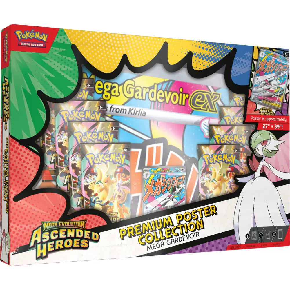 Sealed box image of the Pokémon TCG: Mega Gardevoir ex Premium Poster Collection featuring Mega Gardevoir ex, a large poster, and 10 Ascended Heroes booster packs.