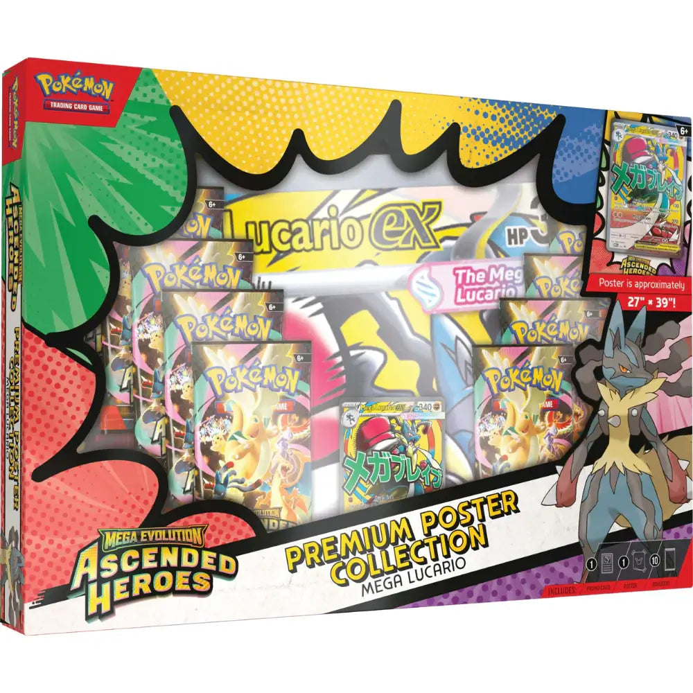Sealed box image of the Pokémon TCG: Mega Lucario ex Premium Poster Collection featuring Mega Lucario ex, a large double-sided poster, and 10 Ascended Heroes booster packs.