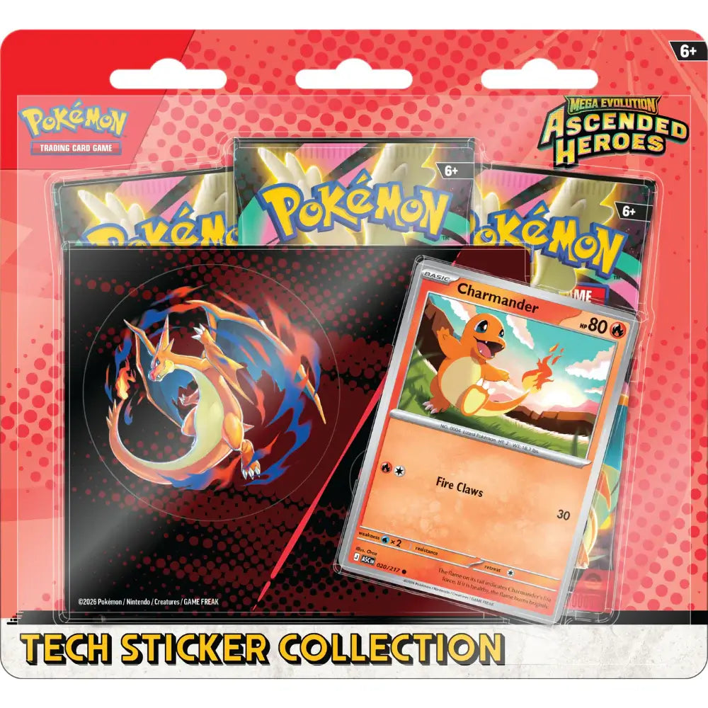 Sealed box image of the Pokémon TCG: Charmander Tech Sticker Collection showing the Charmander foil promo card, the Mega Charizard Y tech sticker sheet, and 3 Ascended Heroes booster packs.