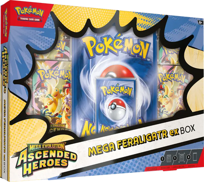 Sealed Mega Feraligatr ex Box from the Ascended Heroes expansion, featuring the exclusive foil promo card, an oversize display card, and 4 booster packs.
