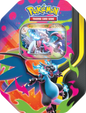 Sealed product image of the Pokémon TCG: Mega Charizard X ex Tin featuring black and blue Mega Evolution artwork, a window showing the foil promo card, and 4 booster packs.