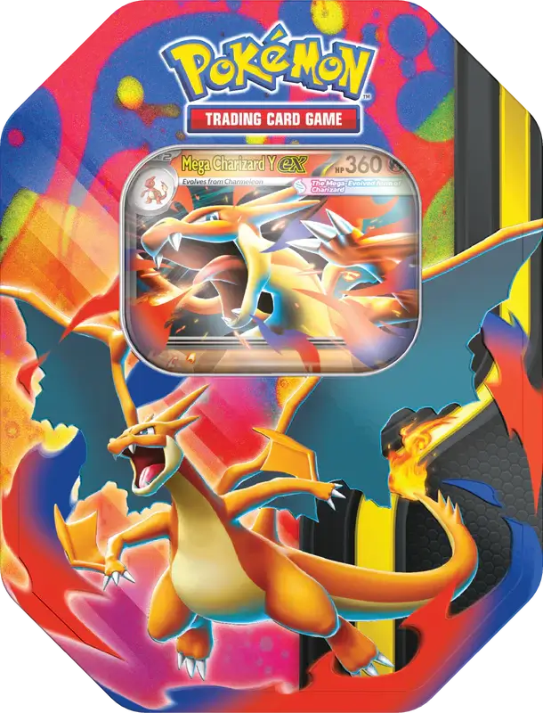 Sealed Pokémon TCG: Mega Charizard Y ex Tin featuring orange and gold Mega Evolution artwork, a display window with the foil promo card, and 4 booster packs.