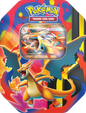 Sealed Pokémon TCG: Mega Charizard Y ex Tin featuring orange and gold Mega Evolution artwork, a display window with the foil promo card, and 4 booster packs.