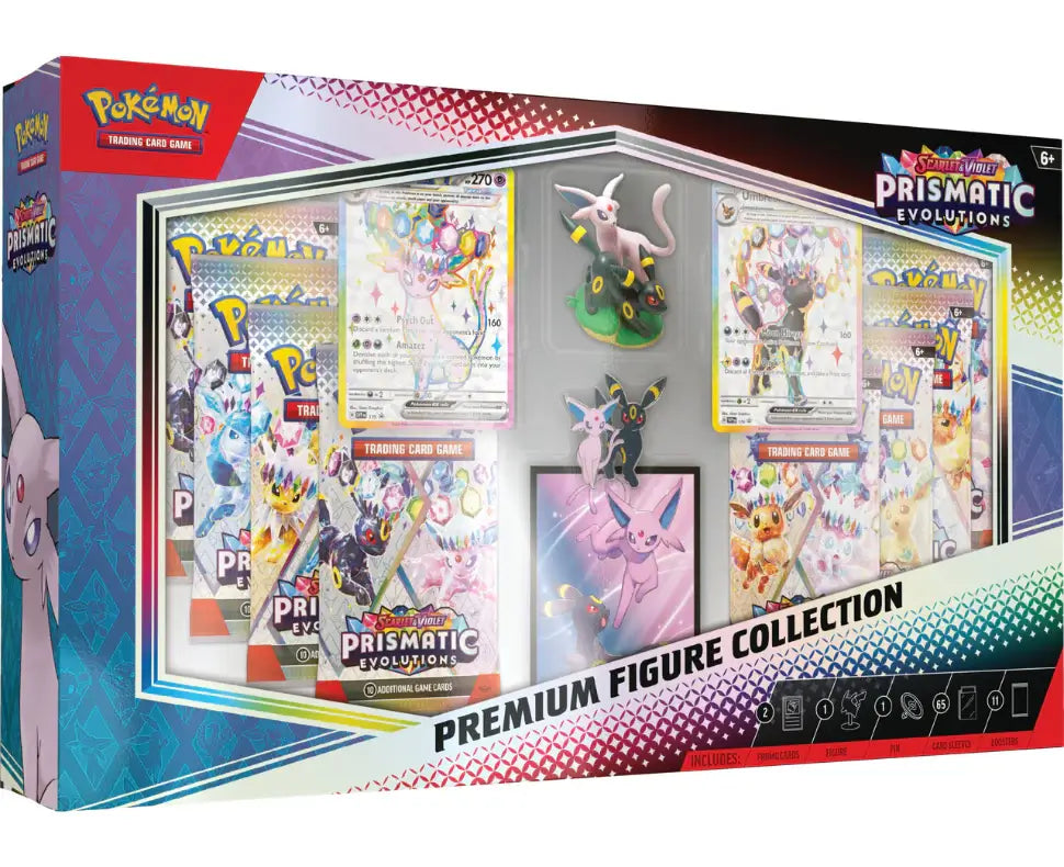 Sealed box image of the Pokémon TCG: Prismatic Evolutions Premium Figure Collection featuring the Espeon and Umbreon figure, 11 booster packs, and the etched foil promo cards.
