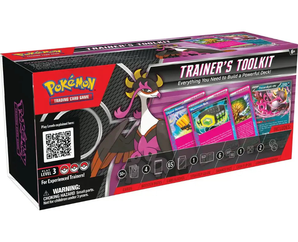 Sealed box image of the Pokémon TCG: Trainer's Toolkit (2025) featuring Fezandipiti ex, card sleeves, dice, and the ACE SPEC logo on the box