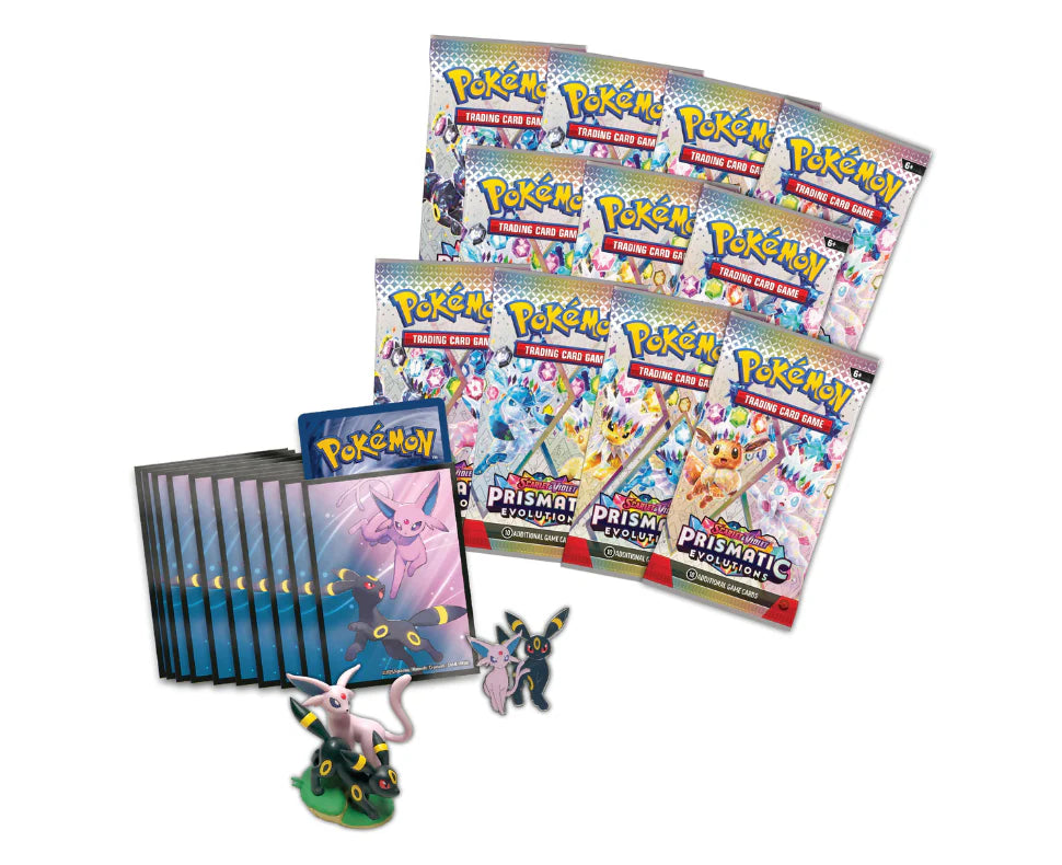 Sealed box image of the Pokémon TCG: Prismatic Evolutions Premium Figure Collection featuring the Espeon and Umbreon figure, 11 booster packs, and the etched foil promo cards.