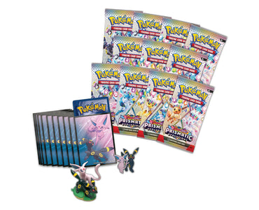 Sealed box image of the Pokémon TCG: Prismatic Evolutions Premium Figure Collection featuring the Espeon and Umbreon figure, 11 booster packs, and the etched foil promo cards.