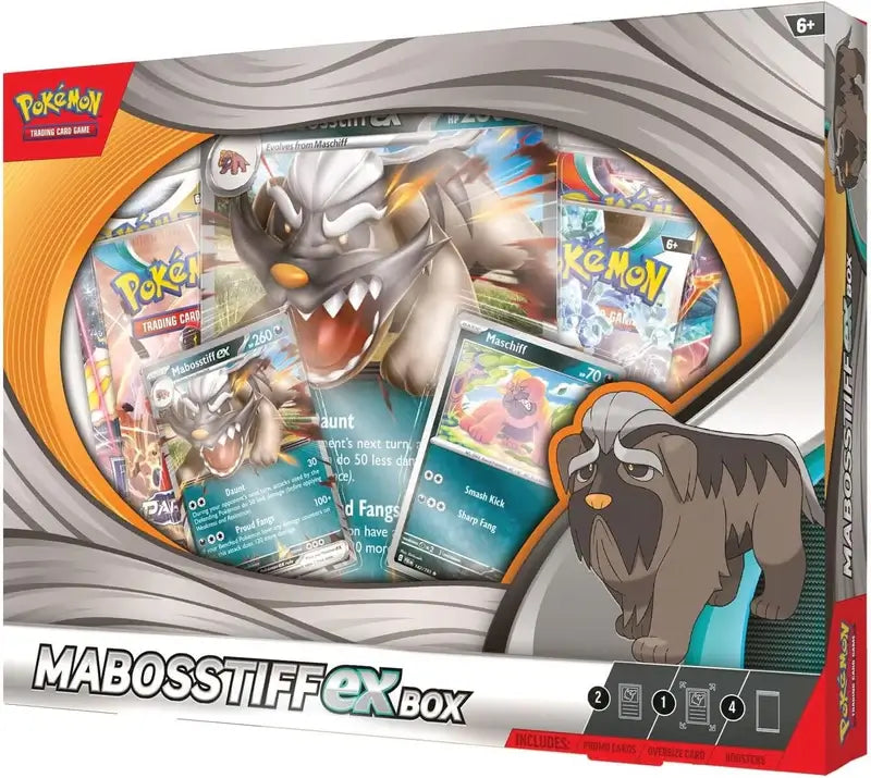 Sealed Pokémon TCG Mabosstiff ex Box containing 4 booster packs and foil promo cards.
