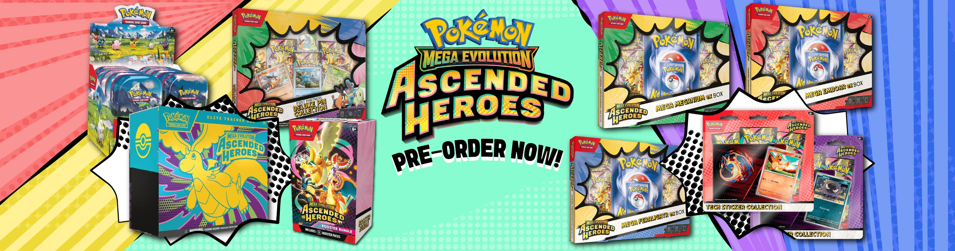Promotional banner for 'Pokémon Ascended Heroes' with product packaging on a colorful background.