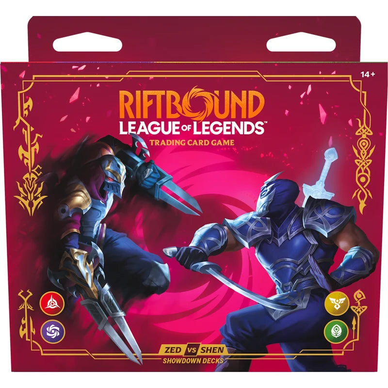Riftbound League of Legends TCG Vendetta Showdown Deck box featuring Zed and Shen, including two 56-card preconstructed decks and playmats.

