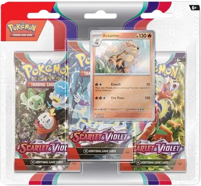 Main Image Sealed Pokémon TCG Scarlet & Violet 3-Pack Blister featuring Arcanine promo card.
Promo Detai Close-up of the Arcanine SVP 011 foil promo card from the Scarlet & Violet expansion.
Contents View Three Scarlet & Violet booster packs, metallic coin, and Arcanine promo card included in the blister.