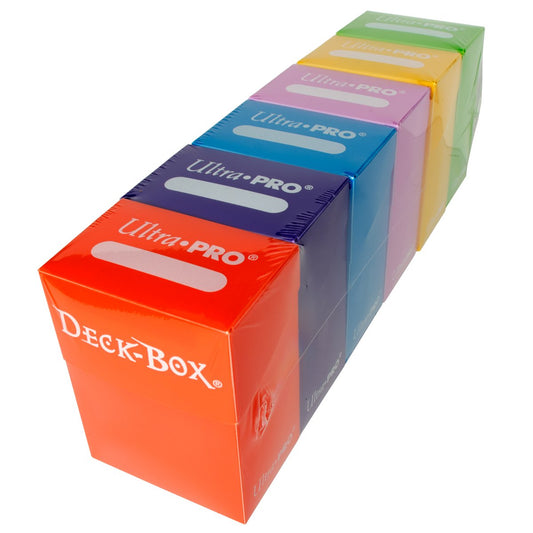 A set of 6 Ultra Pro deck boxes in assorted bright colors including pink, yellow, and green.
