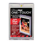 Image of the sealed or open Ultra Pro ONE-TOUCH 3x5 UV 35pt magnetic trading card holder, showing the clear acrylic case with the magnetic closure at the top