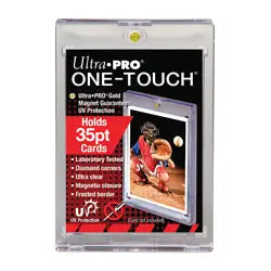 Image of the sealed or open Ultra Pro ONE-TOUCH 3x5 UV 35pt magnetic trading card holder, showing the clear acrylic case with the magnetic closure at the top