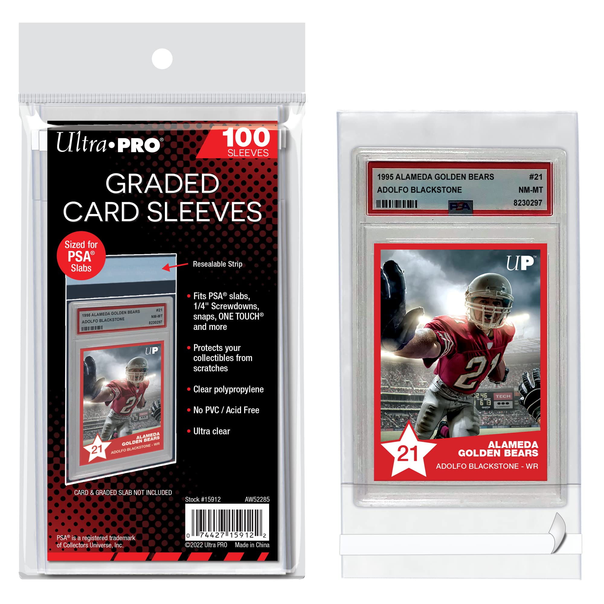 A PSA 10 graded rookie card slab being placed into a clear, protective Ultra Pro resealable sleeve.