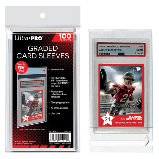 A PSA 10 graded rookie card slab being placed into a clear, protective Ultra Pro resealable sleeve.