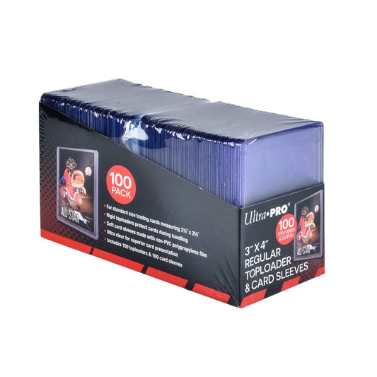Ultra Pro bundle pack containing 100 toploaders and 100 soft card sleeves.