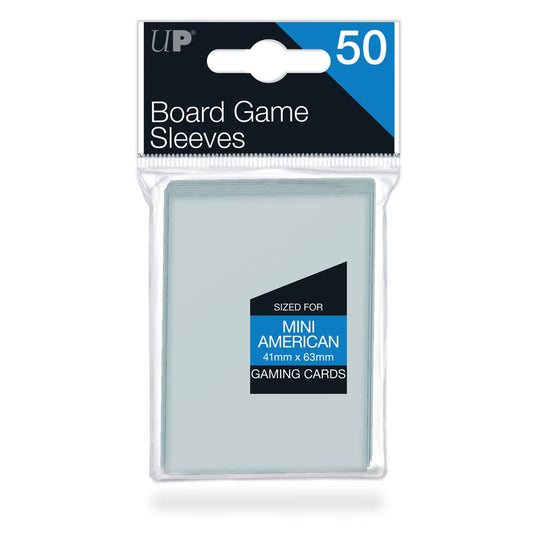 A 50-count pack of Ultra Pro Mini American board game sleeves, 41mm by 63mm.