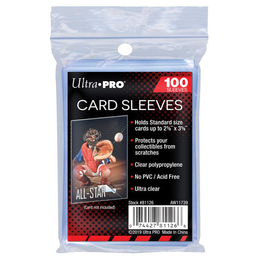 A 100-count pack of Ultra Pro soft card sleeves, also known as penny sleeves.