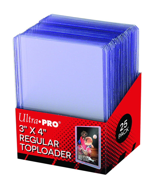 A single clear, hard plastic Ultra Pro toploader for standard TCG and sports cards.