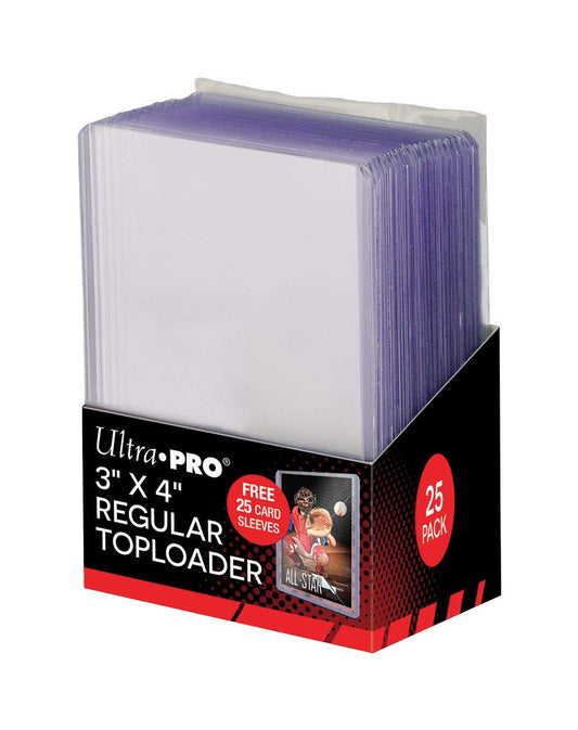 A 25-pack of Ultra Pro 3x4 toploaders for trading cards.