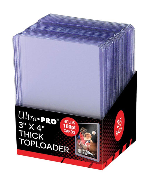 A 25-pack of Ultra Pro 100pt toploaders for thick sports cards.