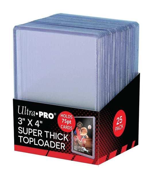 A 25-pack of Ultra Pro 75pt toploaders for thick sports cards.