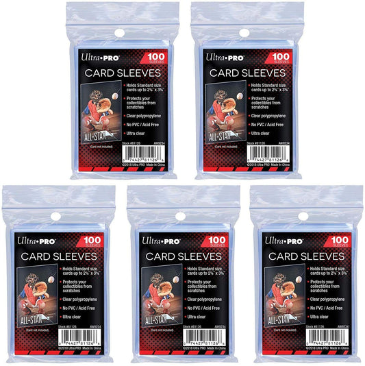 A lot of 5 packs of Ultra Pro penny sleeves for sports cards.